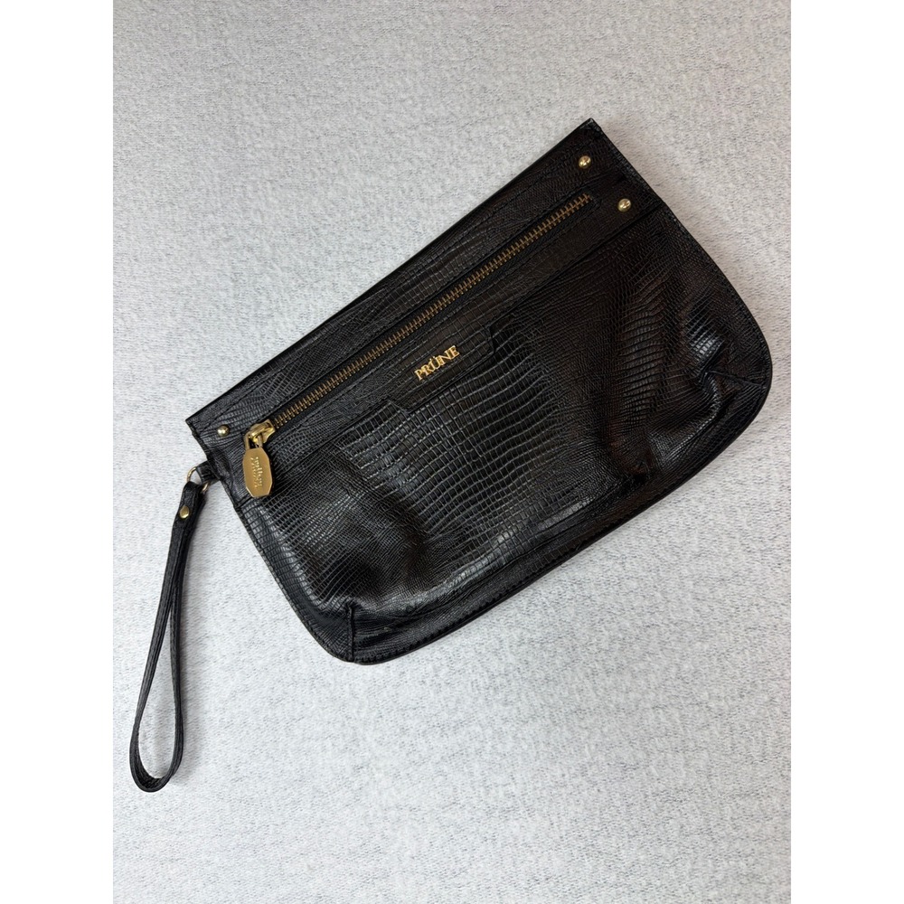 Prune Black Lizard Embossed Leather Wristlet Clutch Bag Gold Hardware Argentina